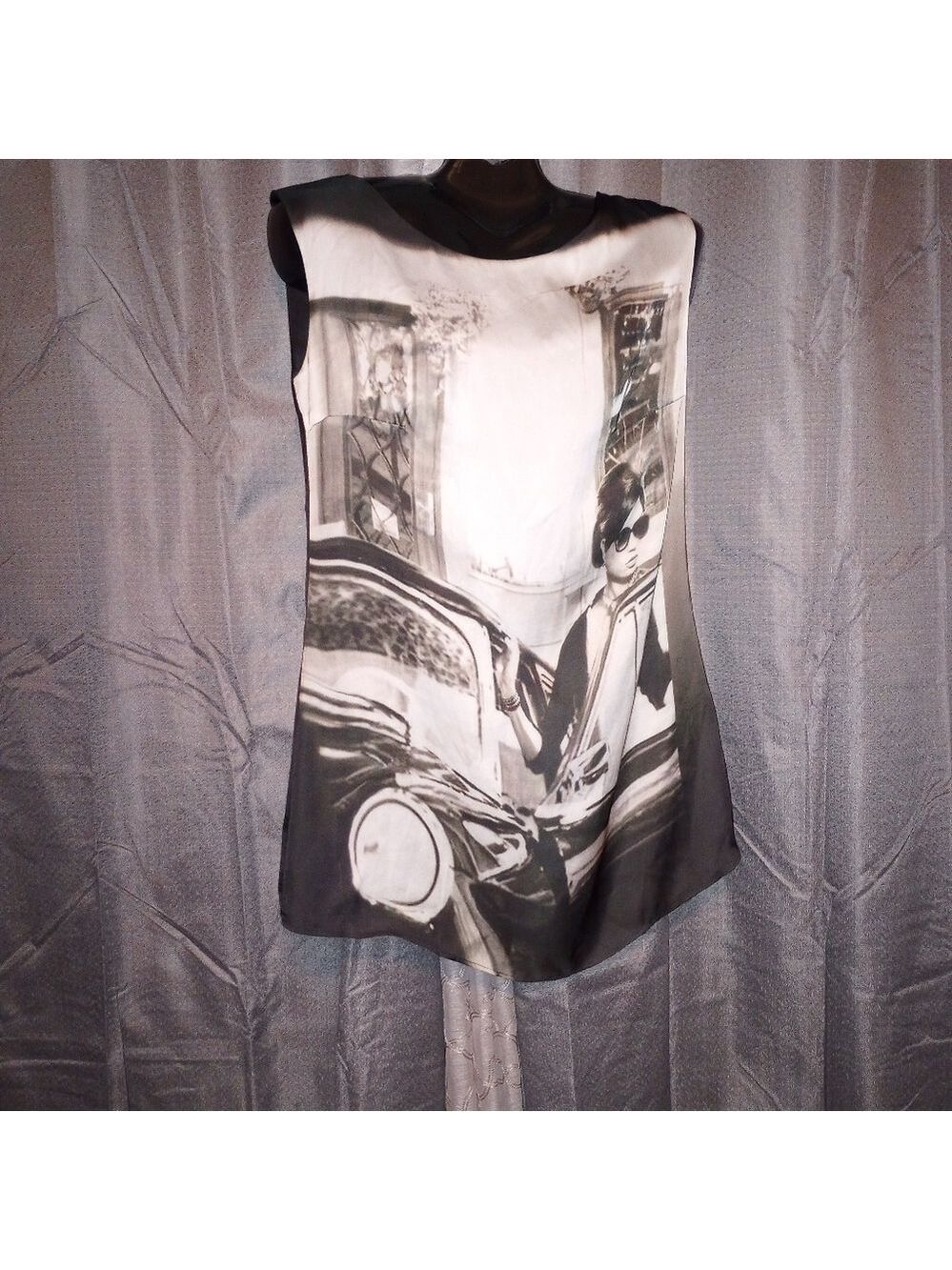 Miroa Cityscape design Silky Short Black Dress . Black and White. Size Large.